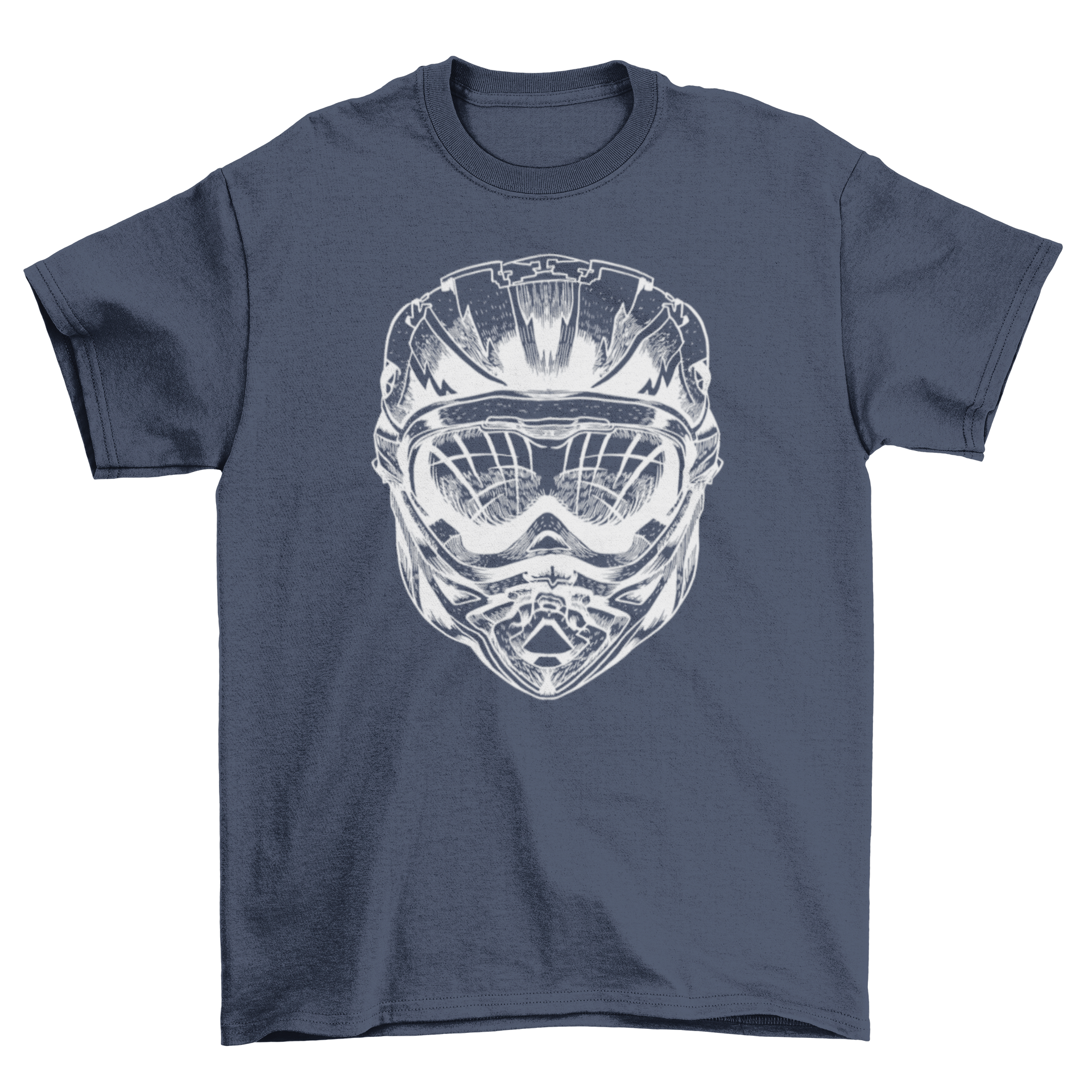 A stylish t-shirt featuring a graphic of a head wearing a full-face helmet and goggles, perfect for downhill biking enthusiasts.