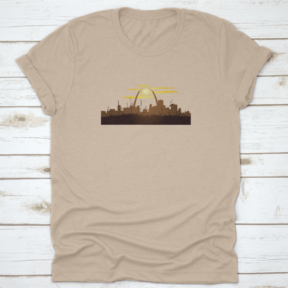 A stylish cotton t-shirt featuring a beautiful sunset view of Downtown Saint Louis, designed for comfort and durability.