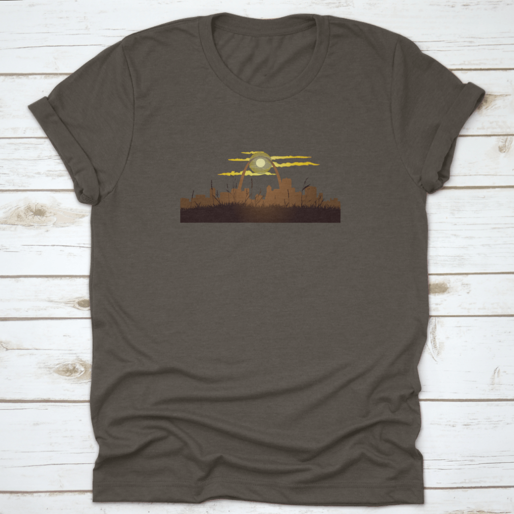 A stylish cotton t-shirt featuring a beautiful sunset view of Downtown Saint Louis, designed for comfort and durability.