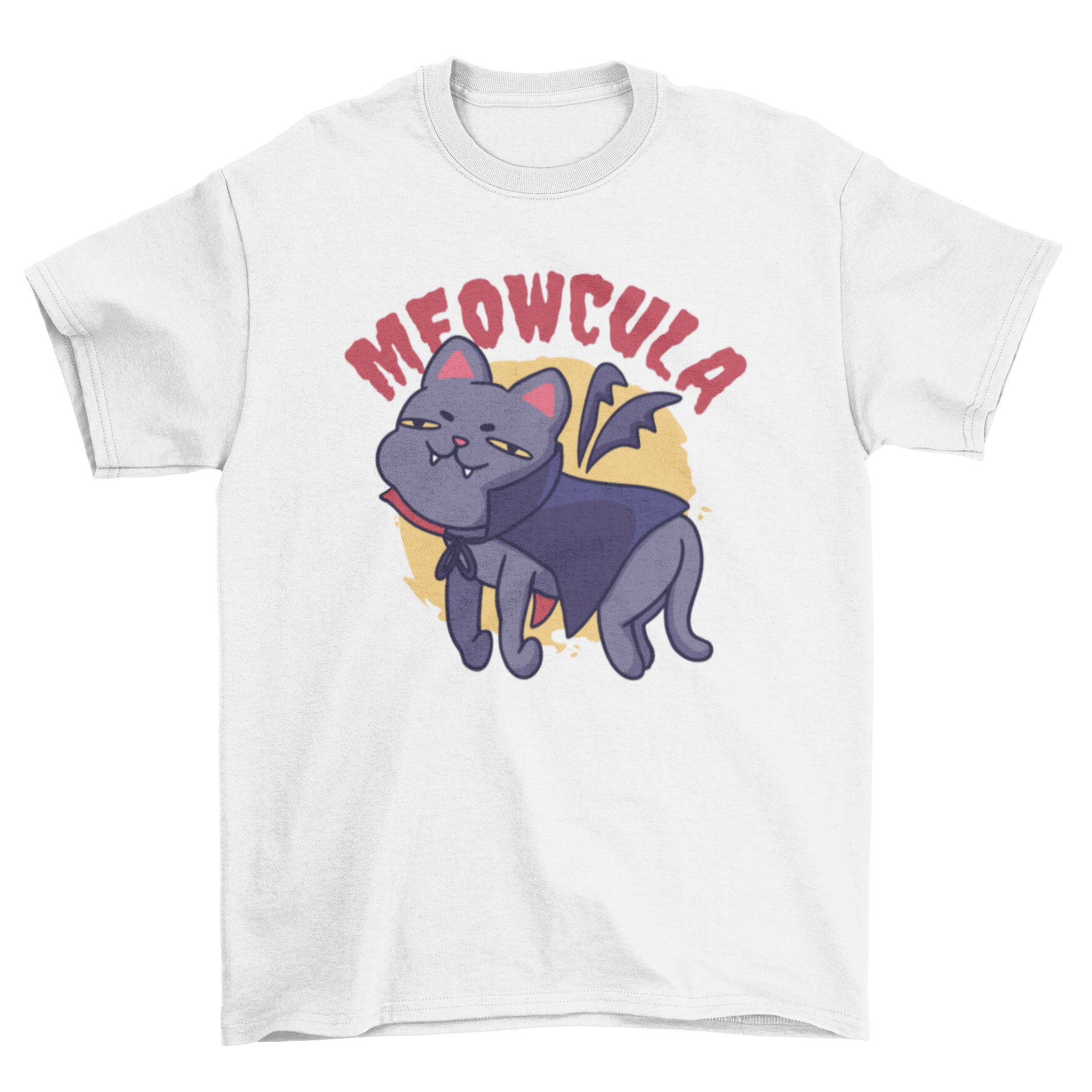 A humorous cartoon t-shirt featuring a vampire cat with the quote 'Meowcula', perfect for cat lovers.