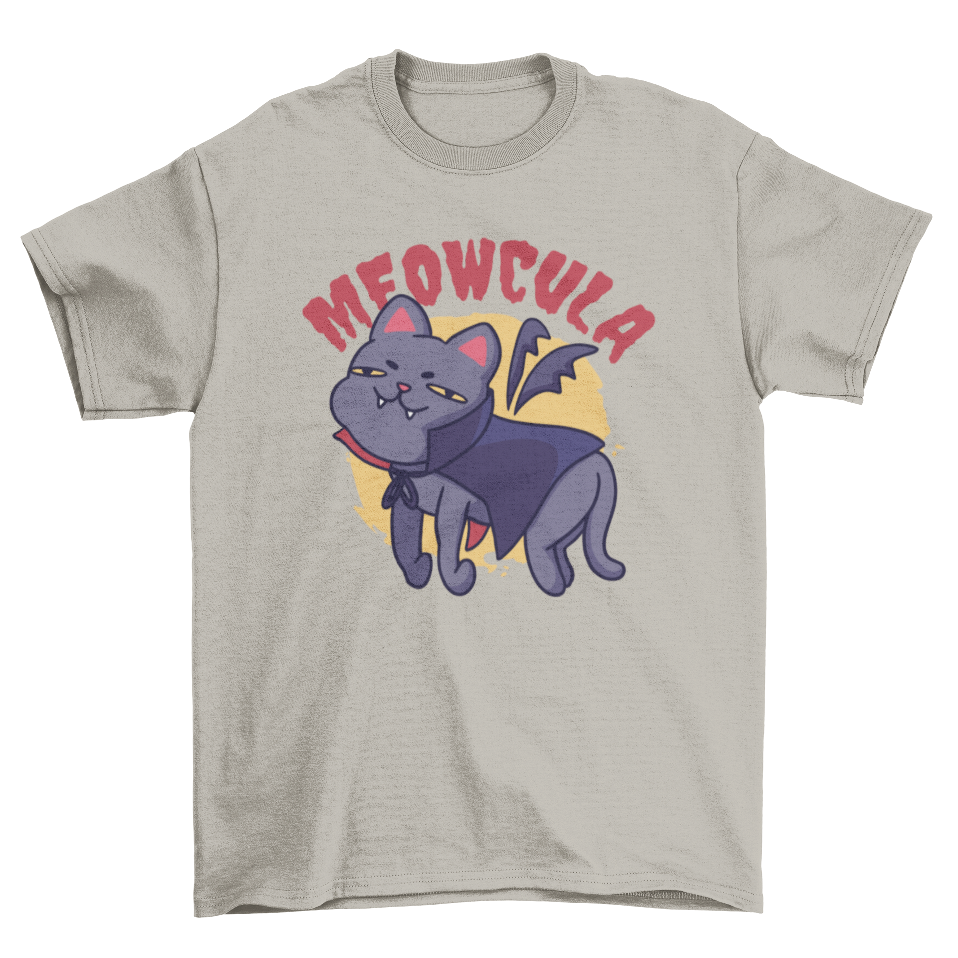 A humorous cartoon t-shirt featuring a vampire cat with the quote 'Meowcula', perfect for cat lovers.