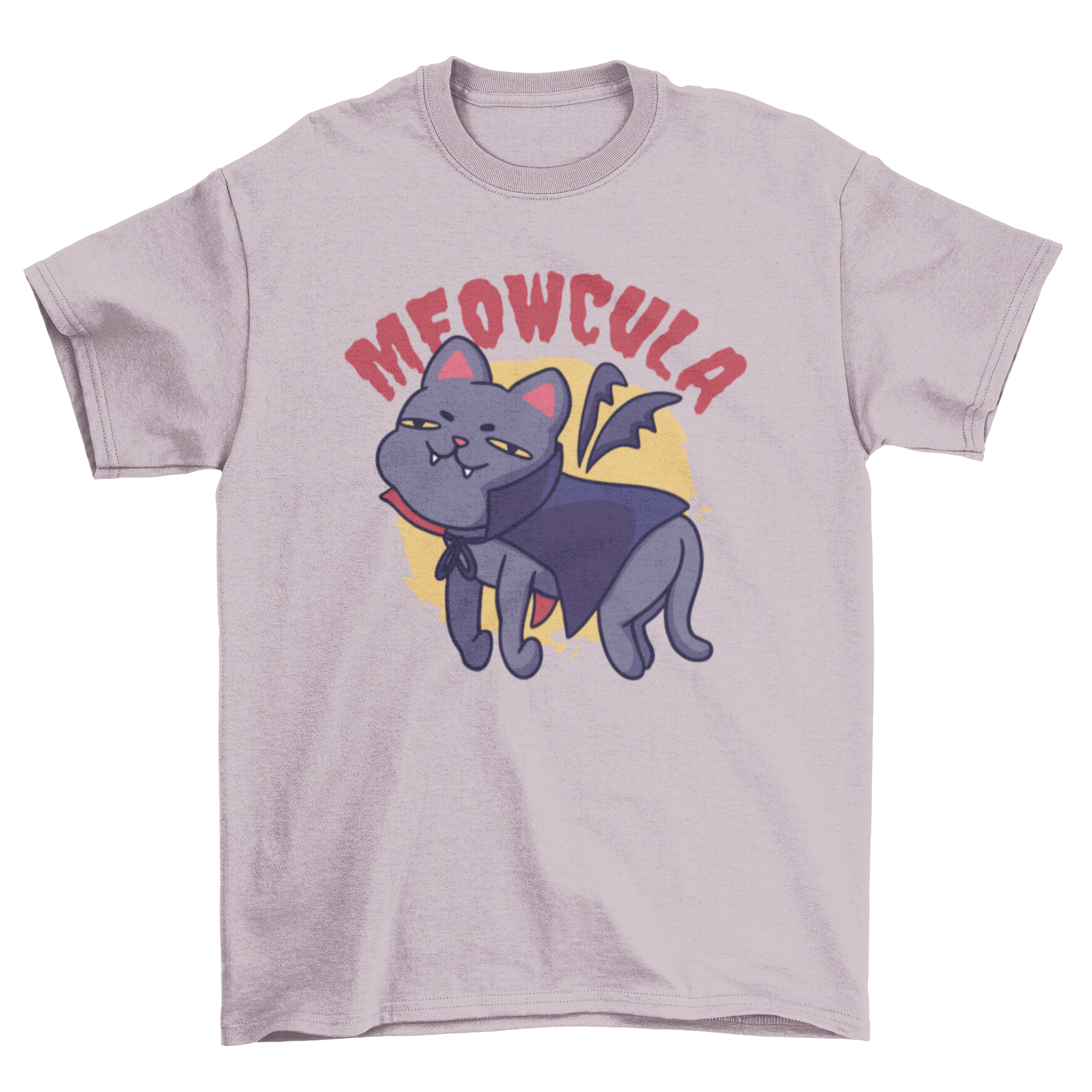 A humorous cartoon t-shirt featuring a vampire cat with the quote 'Meowcula', perfect for cat lovers.