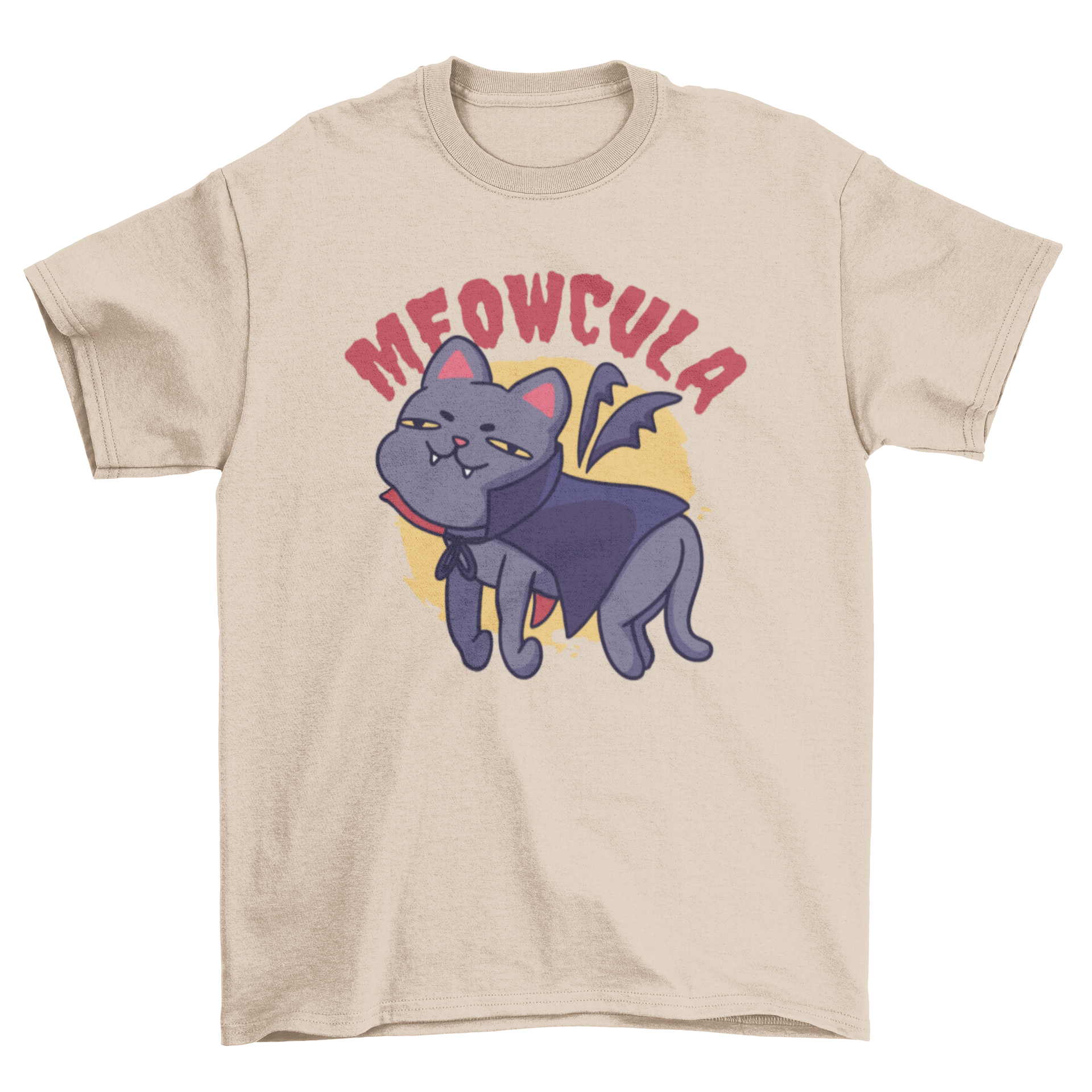 A humorous cartoon t-shirt featuring a vampire cat with the quote 'Meowcula', perfect for cat lovers.