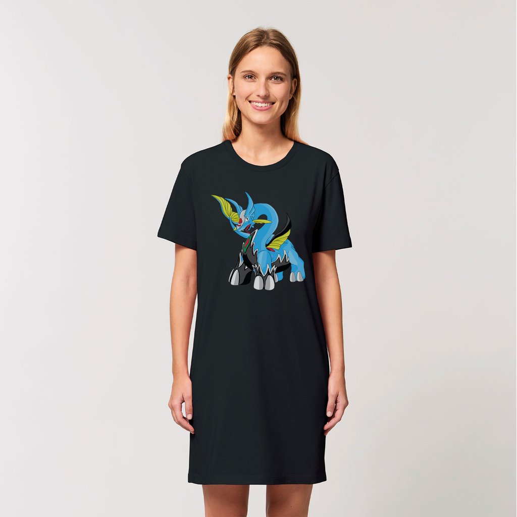 A stylish Dragigas Organic T-Shirt Dress made from 100% organic cotton, featuring a soft-hand feel and set-in sleeves, displayed in various colors.