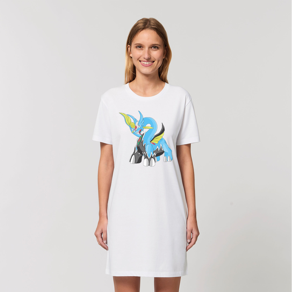 A stylish Dragigas Organic T-Shirt Dress made from 100% organic cotton, featuring a soft-hand feel and set-in sleeves, displayed in various colors.