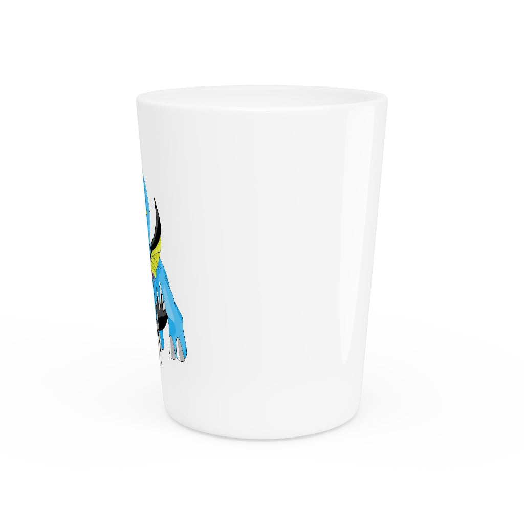 A personalized Dragigas Shot Glass made of white ceramic, featuring a customizable design with a black interior.