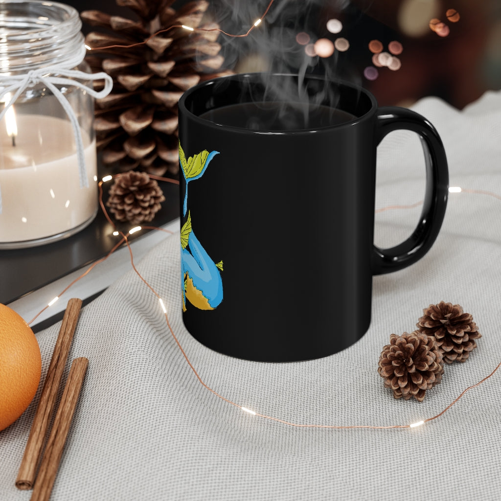 Drago Black mug 11oz with full-wrap decoration, featuring rounded corners and a C-handle, perfect for personalized beverages.