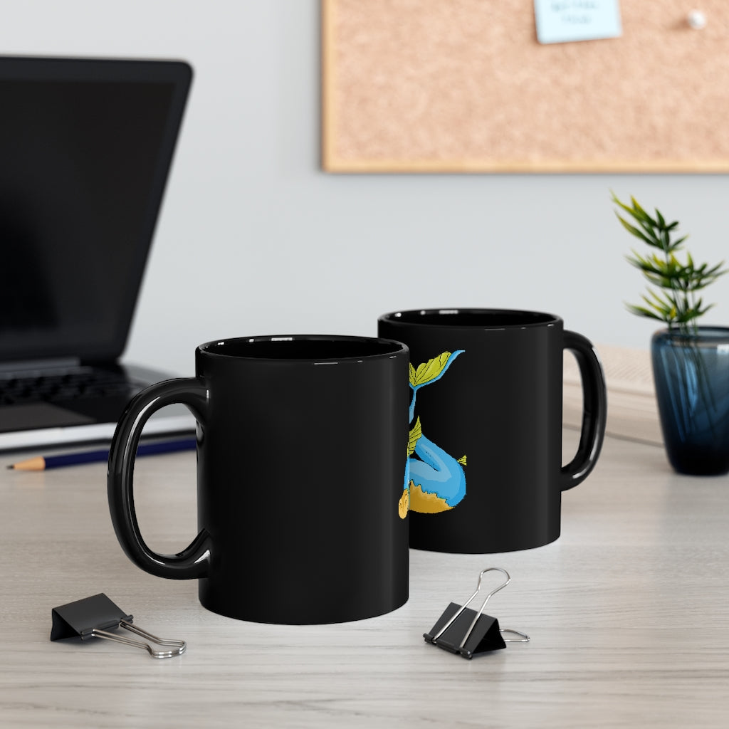 Drago Black mug 11oz with full-wrap decoration, featuring rounded corners and a C-handle, perfect for personalized beverages.