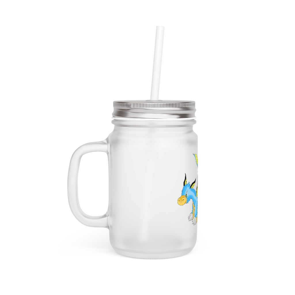 A stylish Drago Mason Jar made of frosted glass, featuring a straw and lid, perfect for personalized drinks.