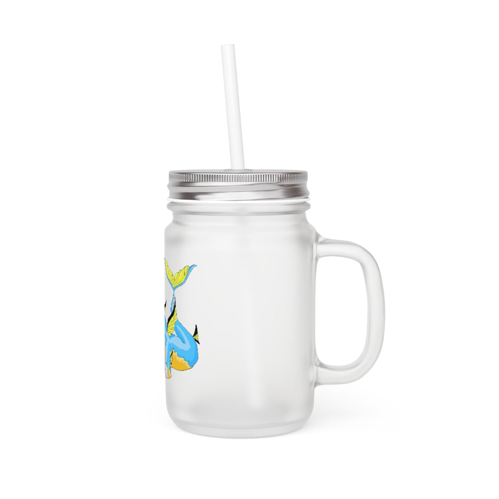 A stylish Drago Mason Jar made of frosted glass, featuring a straw and lid, perfect for personalized drinks.