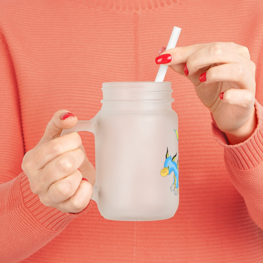 A stylish Drago Mason Jar made of frosted glass, featuring a straw and lid, perfect for personalized drinks.