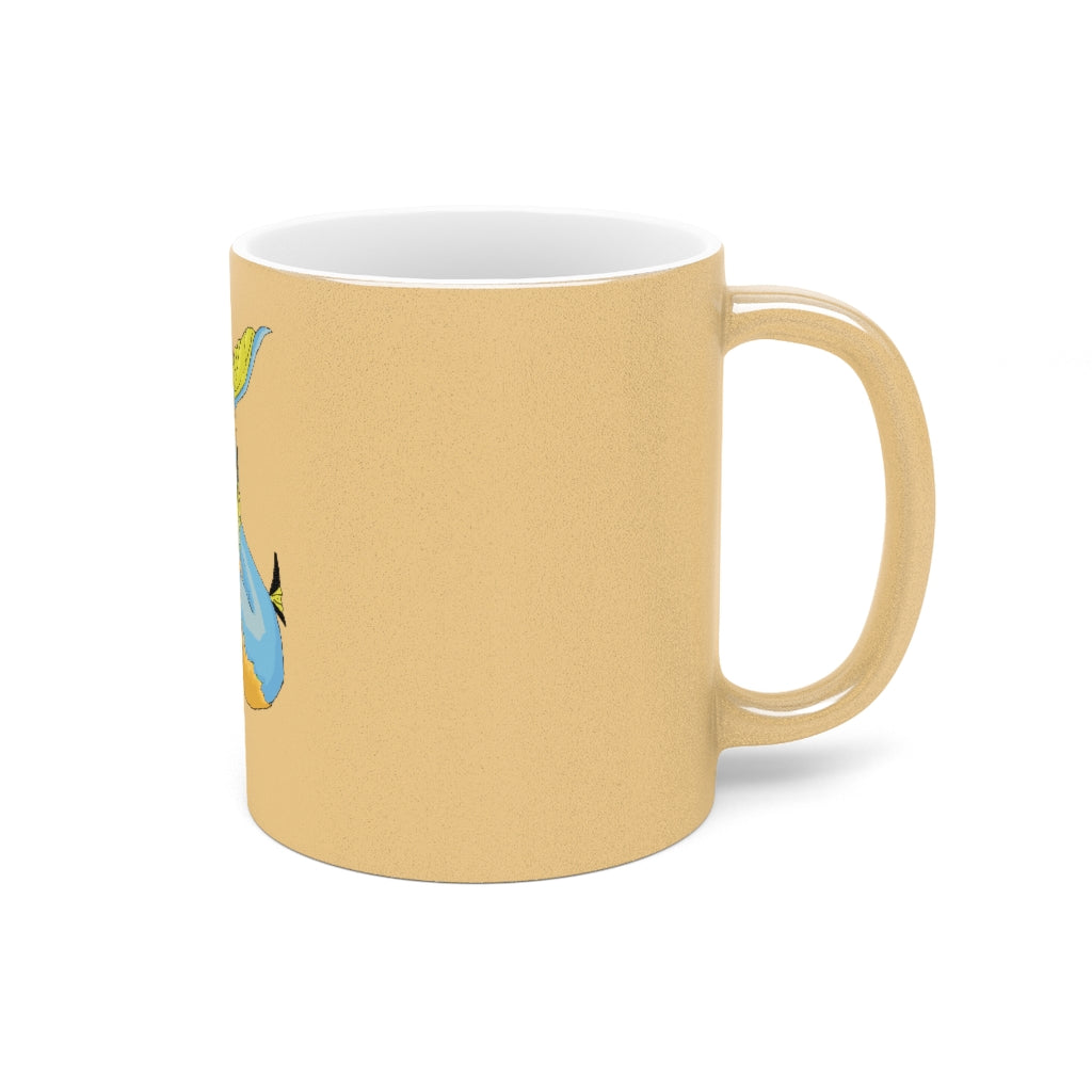 Drago Metallic Mug in Gold and Silver finishes, showcasing personalized designs and a comfortable C-handle.