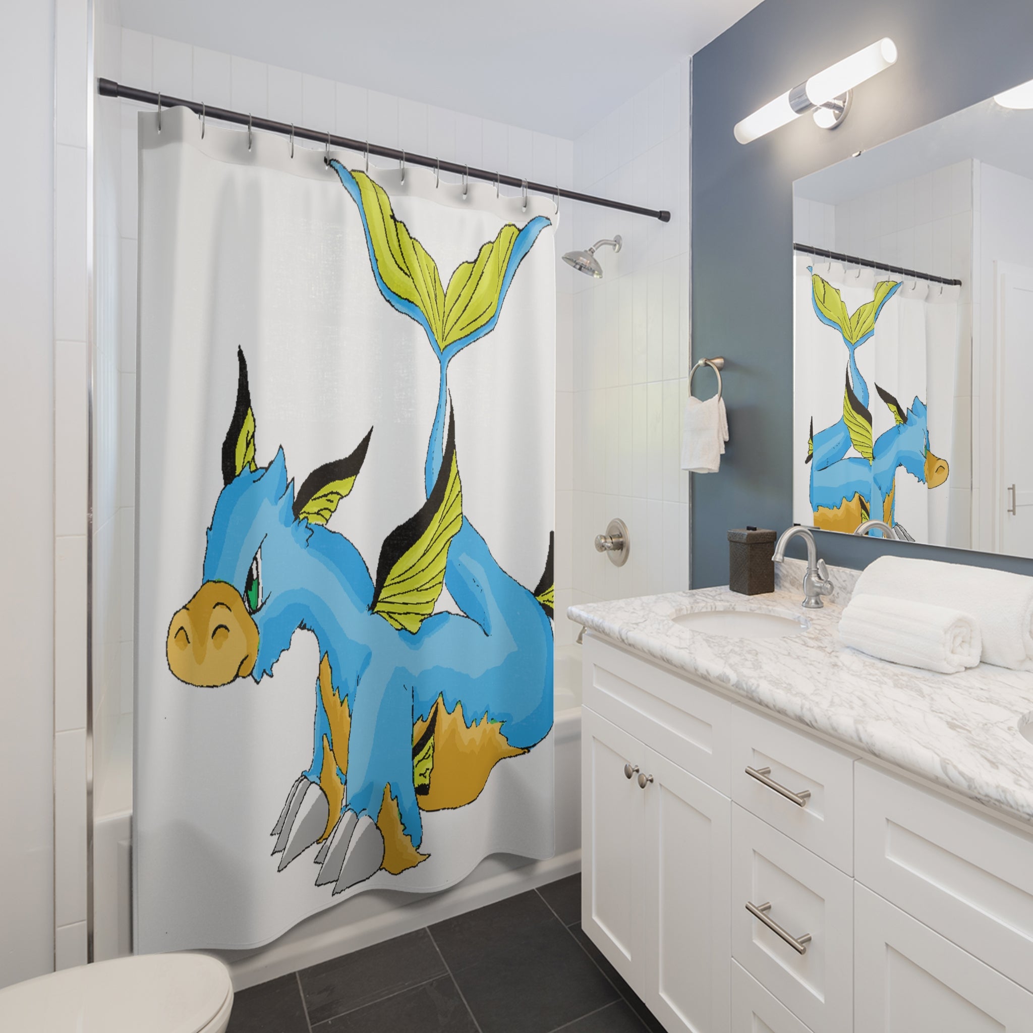 Drago Shower Curtain featuring vibrant custom designs on durable polyester fabric, enhancing bathroom decor.