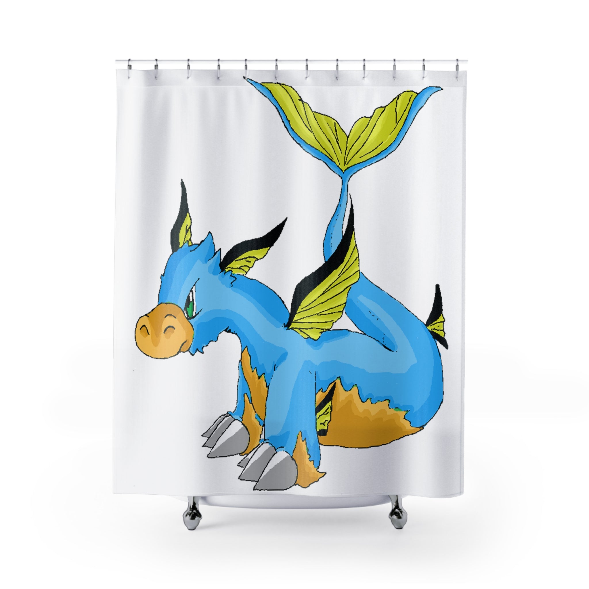 Drago Shower Curtain featuring vibrant custom designs on durable polyester fabric, enhancing bathroom decor.