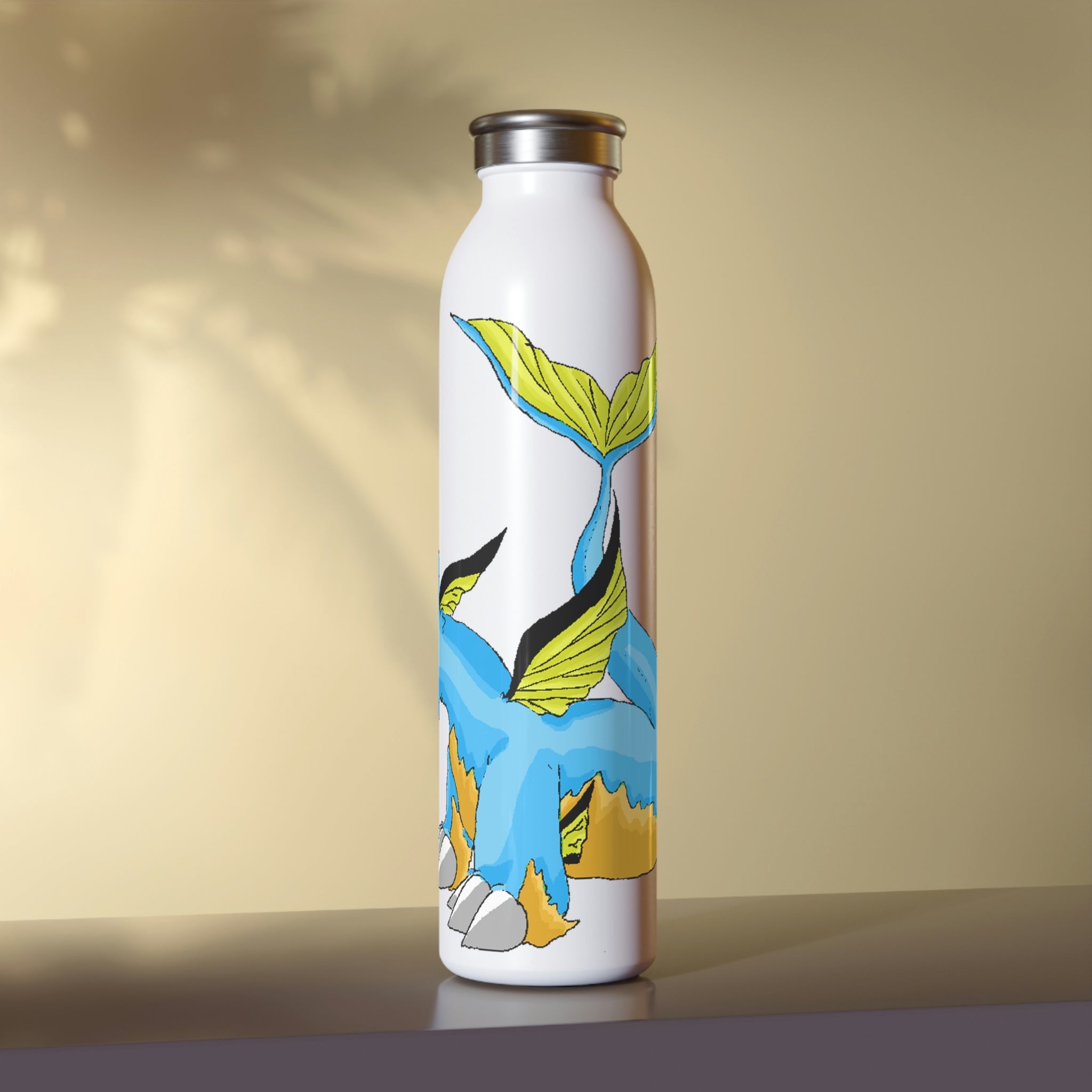 Drago Slim Water Bottle with matte finish and silver cap, showcasing personalized designs.