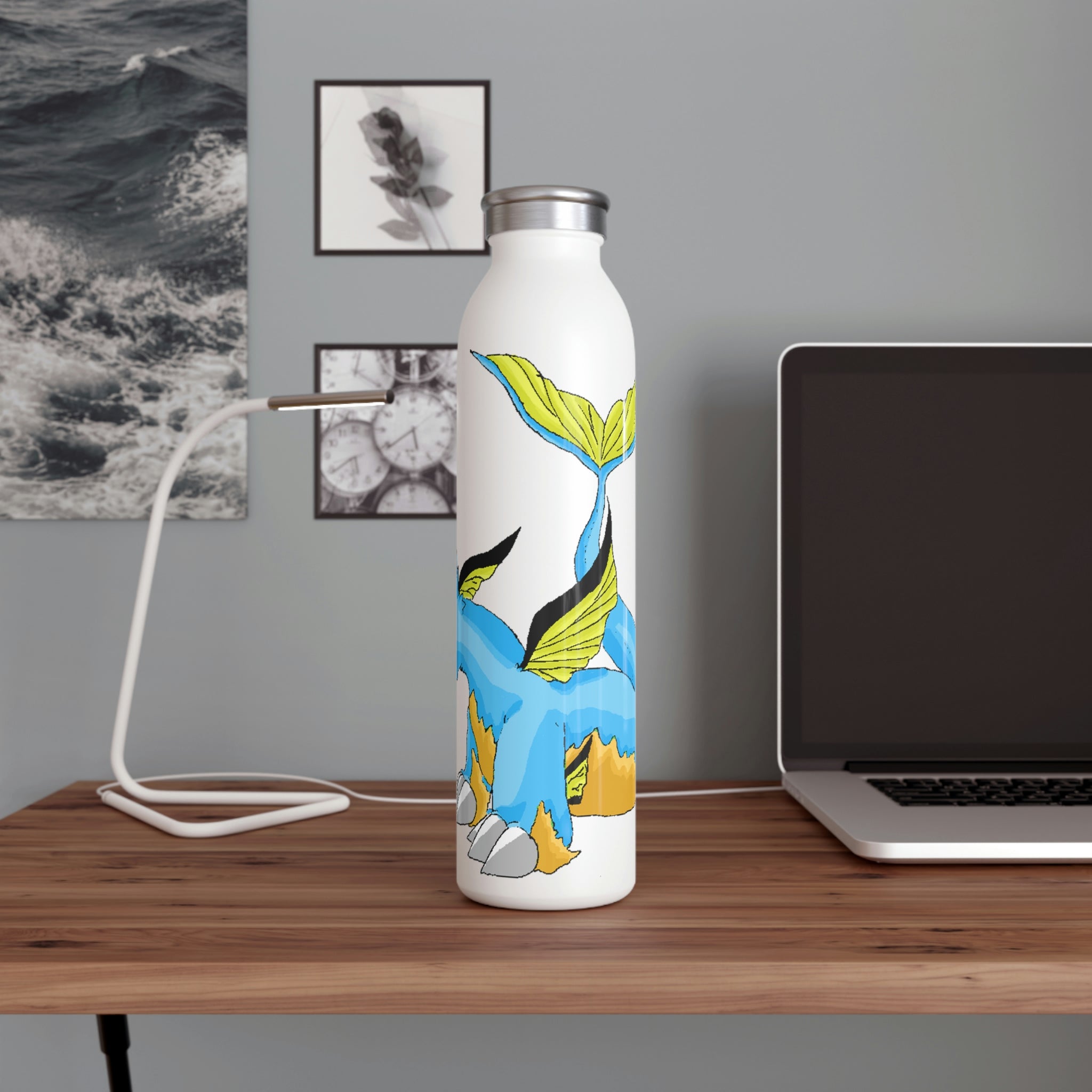 Drago Slim Water Bottle with matte finish and silver cap, showcasing personalized designs.