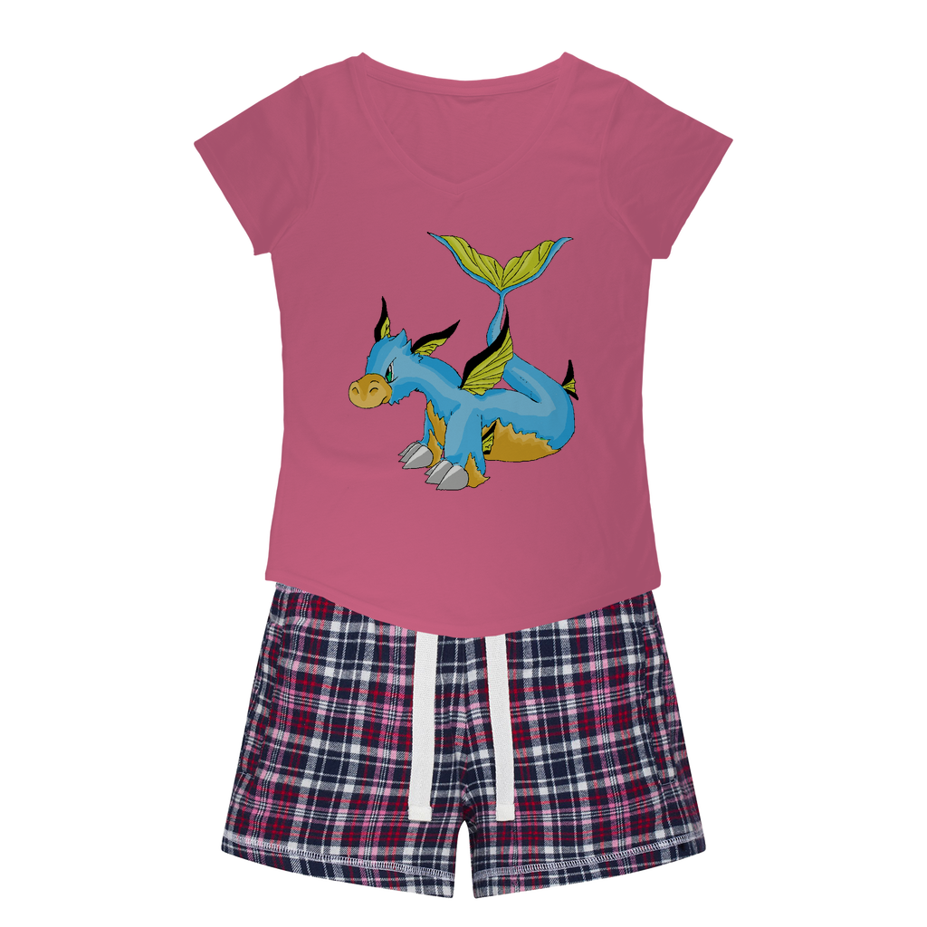 Drago Women's Sleepy Tee and Flannel Short set featuring a relaxed fit T-shirt and vibrant flannel shorts, perfect for cozy nights.