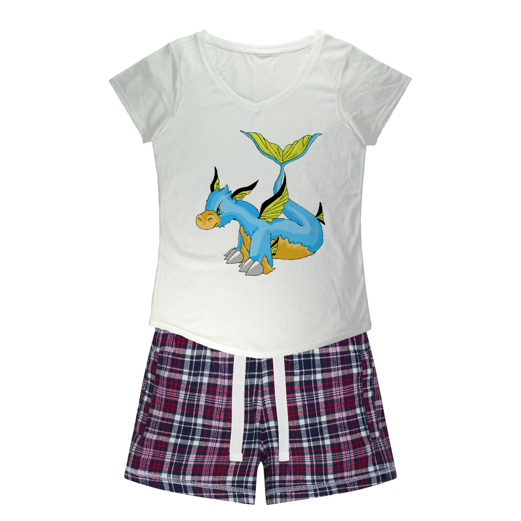 Drago Women's Sleepy Tee and Flannel Short set featuring a relaxed fit T-shirt and vibrant flannel shorts, perfect for cozy nights.