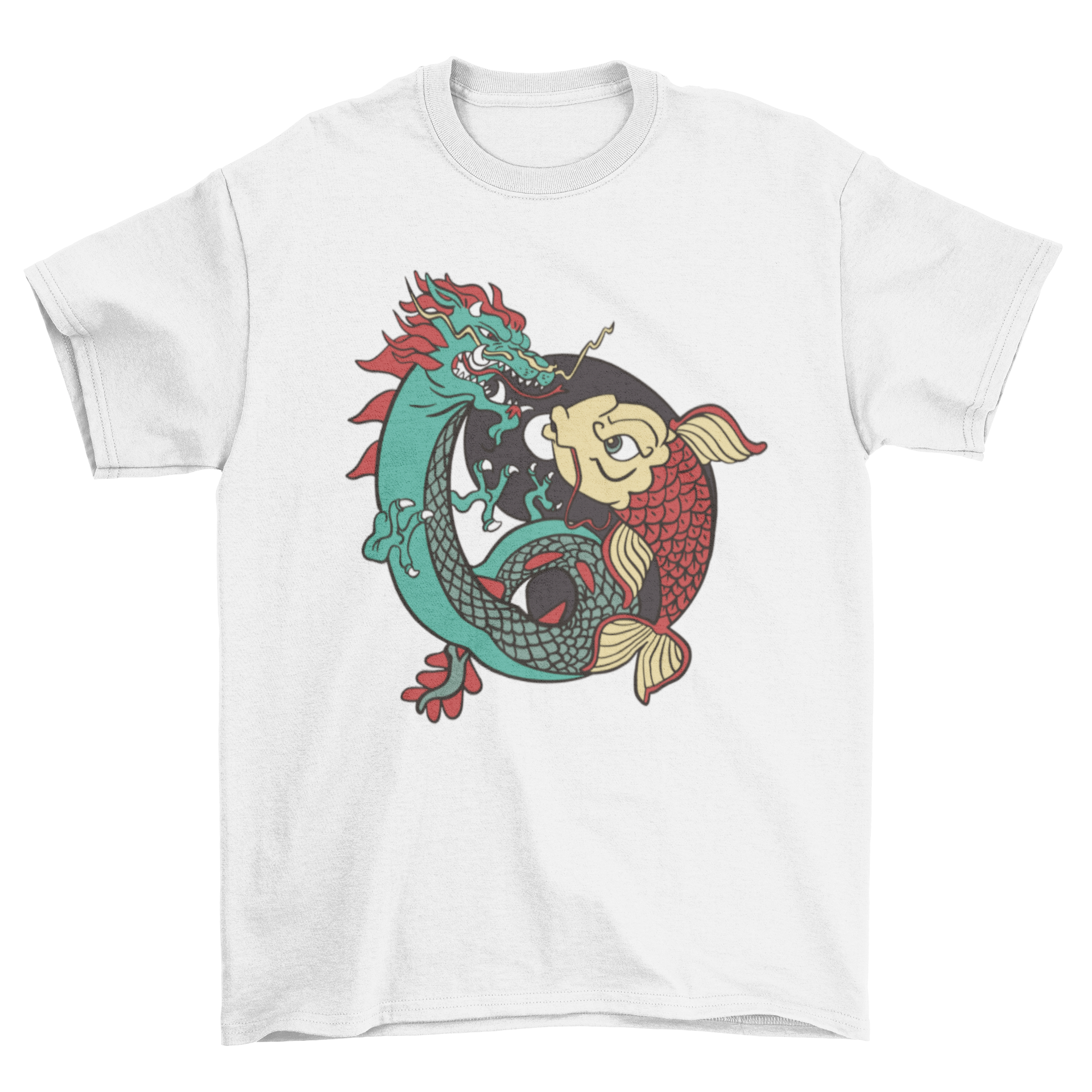 A stylish t-shirt featuring a dragon and fish design in a Ying Yang symbol, showcasing balance and harmony.