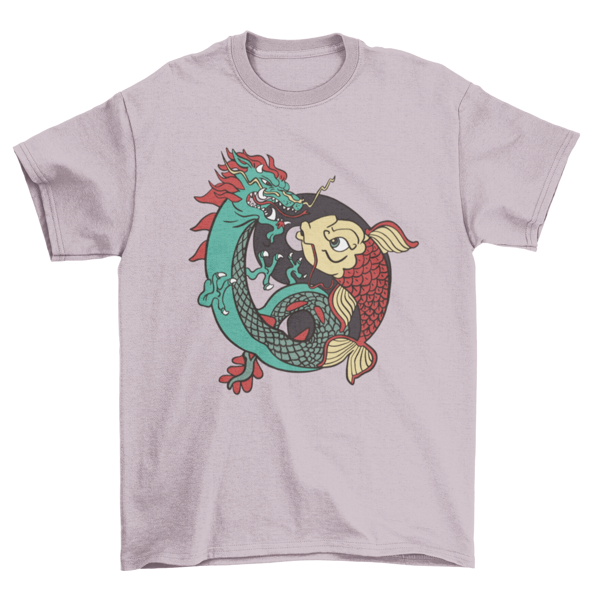 A stylish t-shirt featuring a dragon and fish design in a Ying Yang symbol, showcasing balance and harmony.