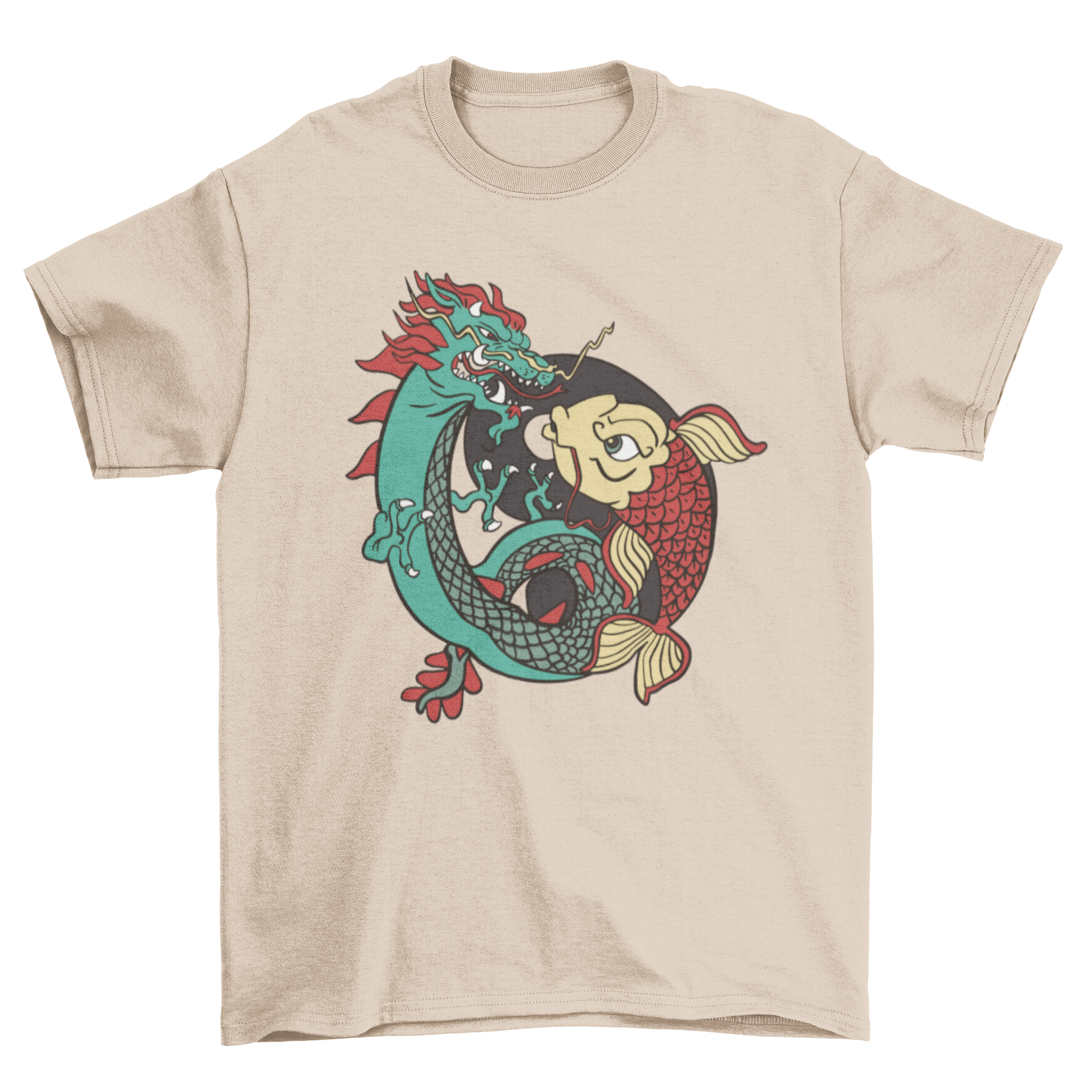 A stylish t-shirt featuring a dragon and fish design in a Ying Yang symbol, showcasing balance and harmony.