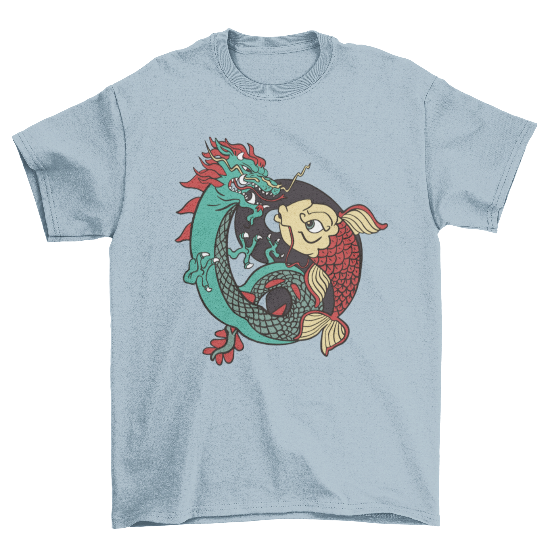 A stylish t-shirt featuring a dragon and fish design in a Ying Yang symbol, showcasing balance and harmony.