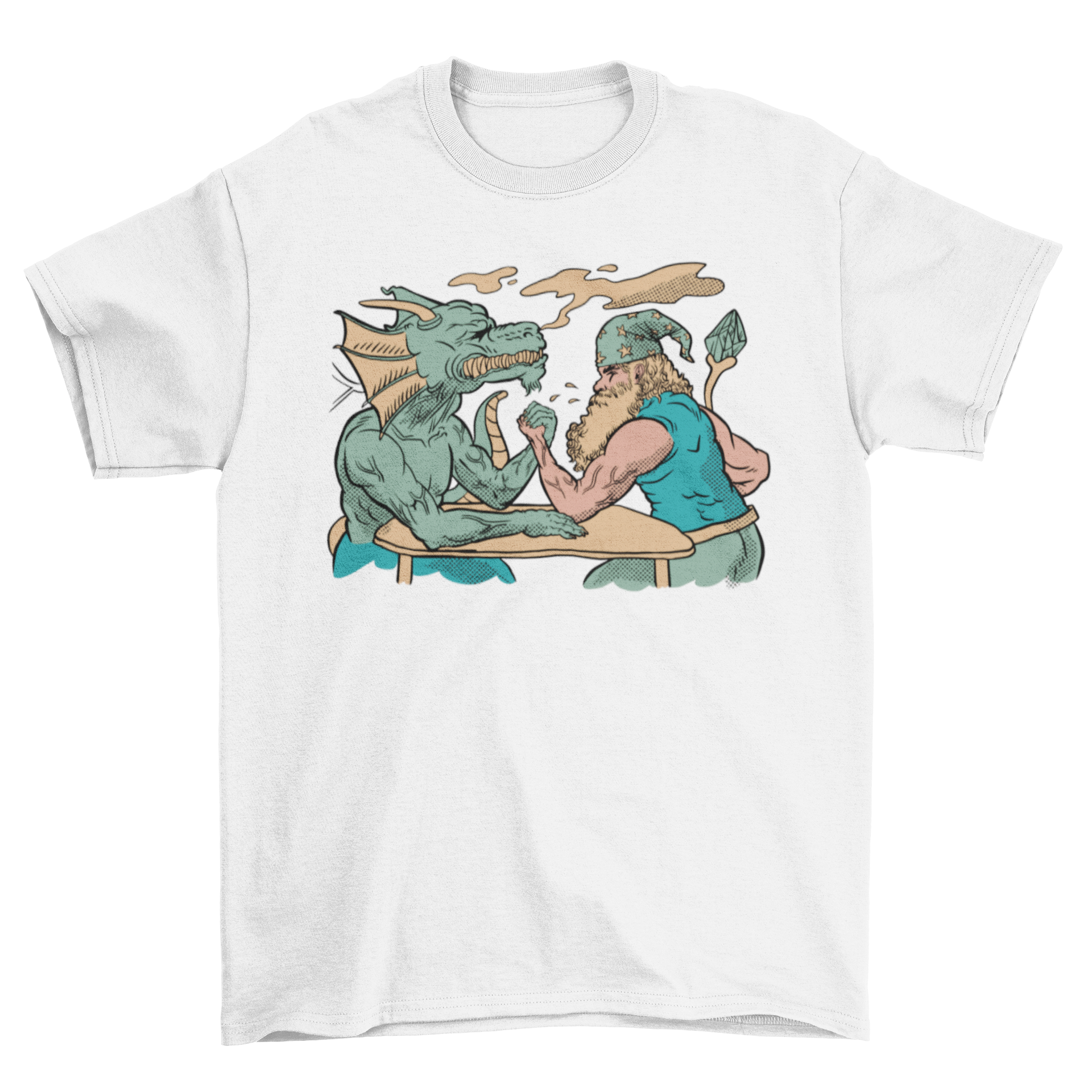 A vibrant t-shirt featuring a dragon and a wizard engaged in an arm wrestling match, showcasing fantasy art.