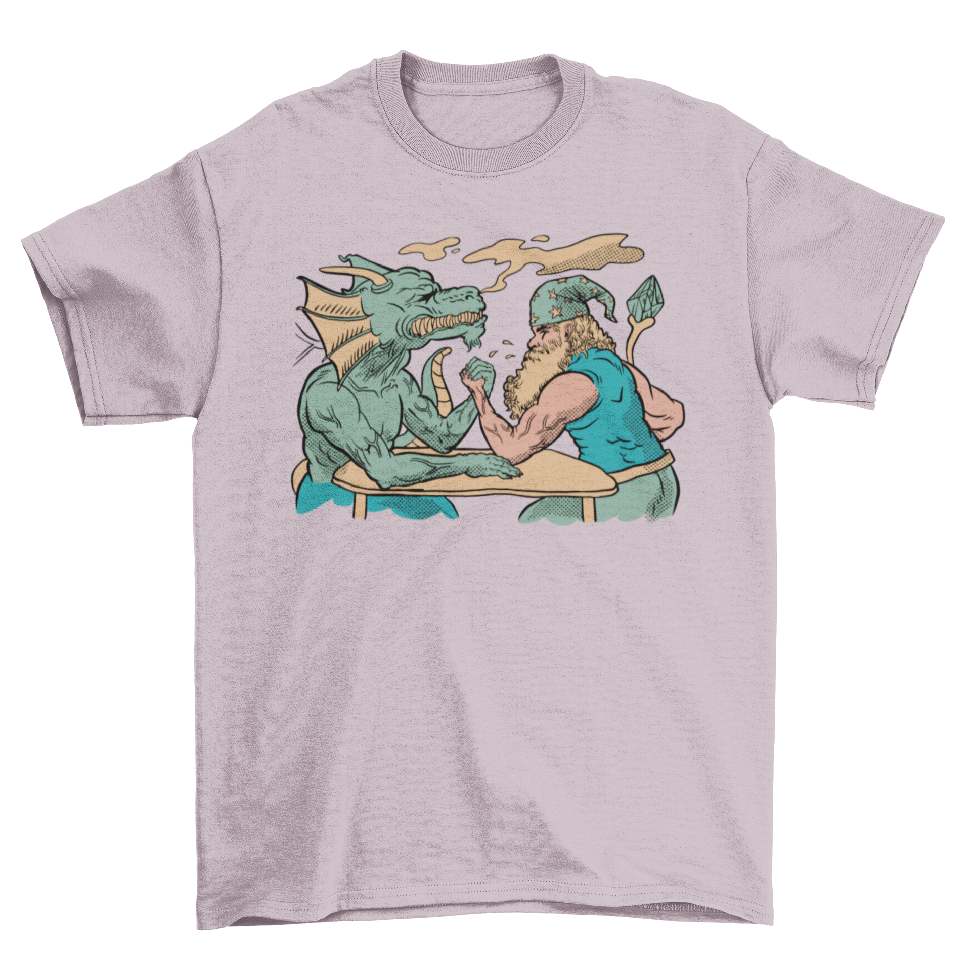 A vibrant t-shirt featuring a dragon and a wizard engaged in an arm wrestling match, showcasing fantasy art.