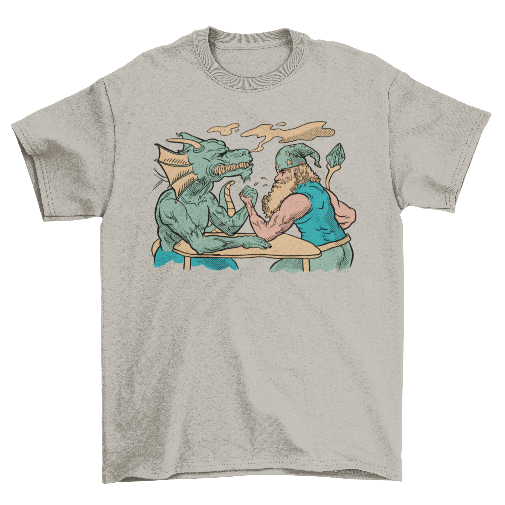 A vibrant t-shirt featuring a dragon and a wizard engaged in an arm wrestling match, showcasing fantasy art.