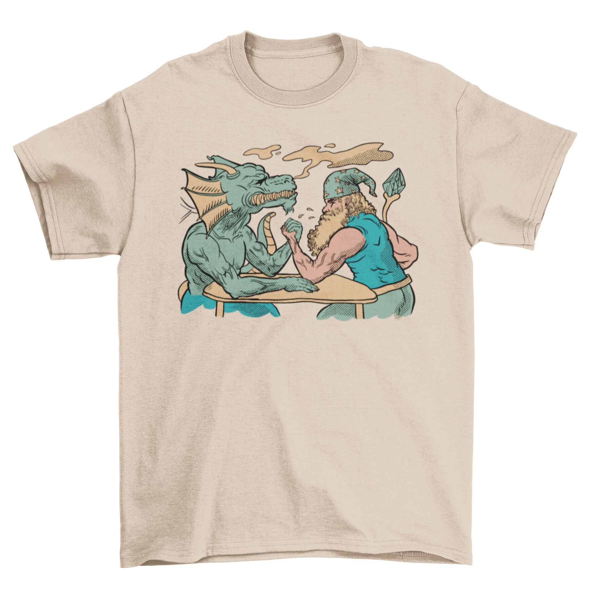 A vibrant t-shirt featuring a dragon and a wizard engaged in an arm wrestling match, showcasing fantasy art.