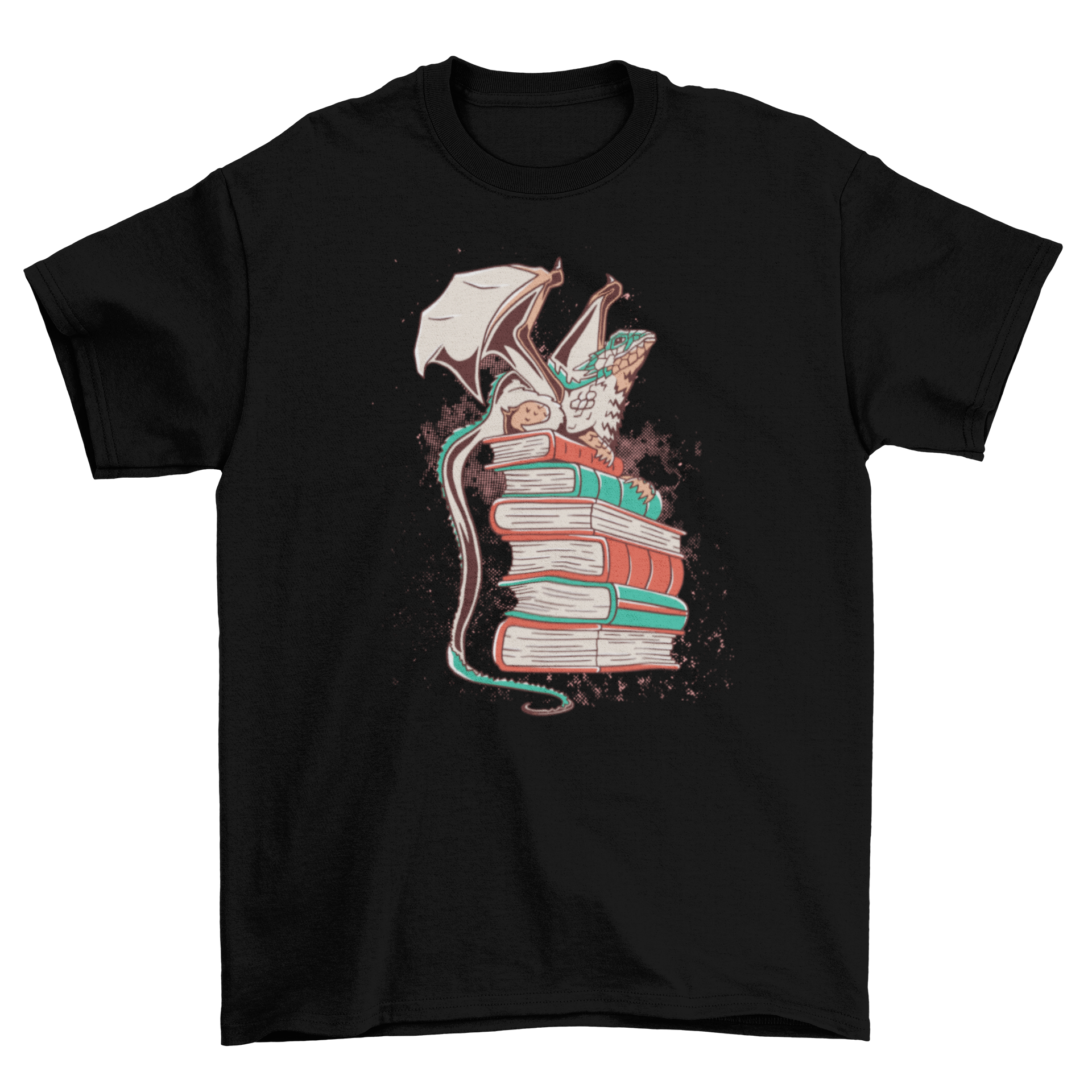 A stylish t-shirt featuring a colorful dragon sitting on a stack of books, perfect for book lovers.