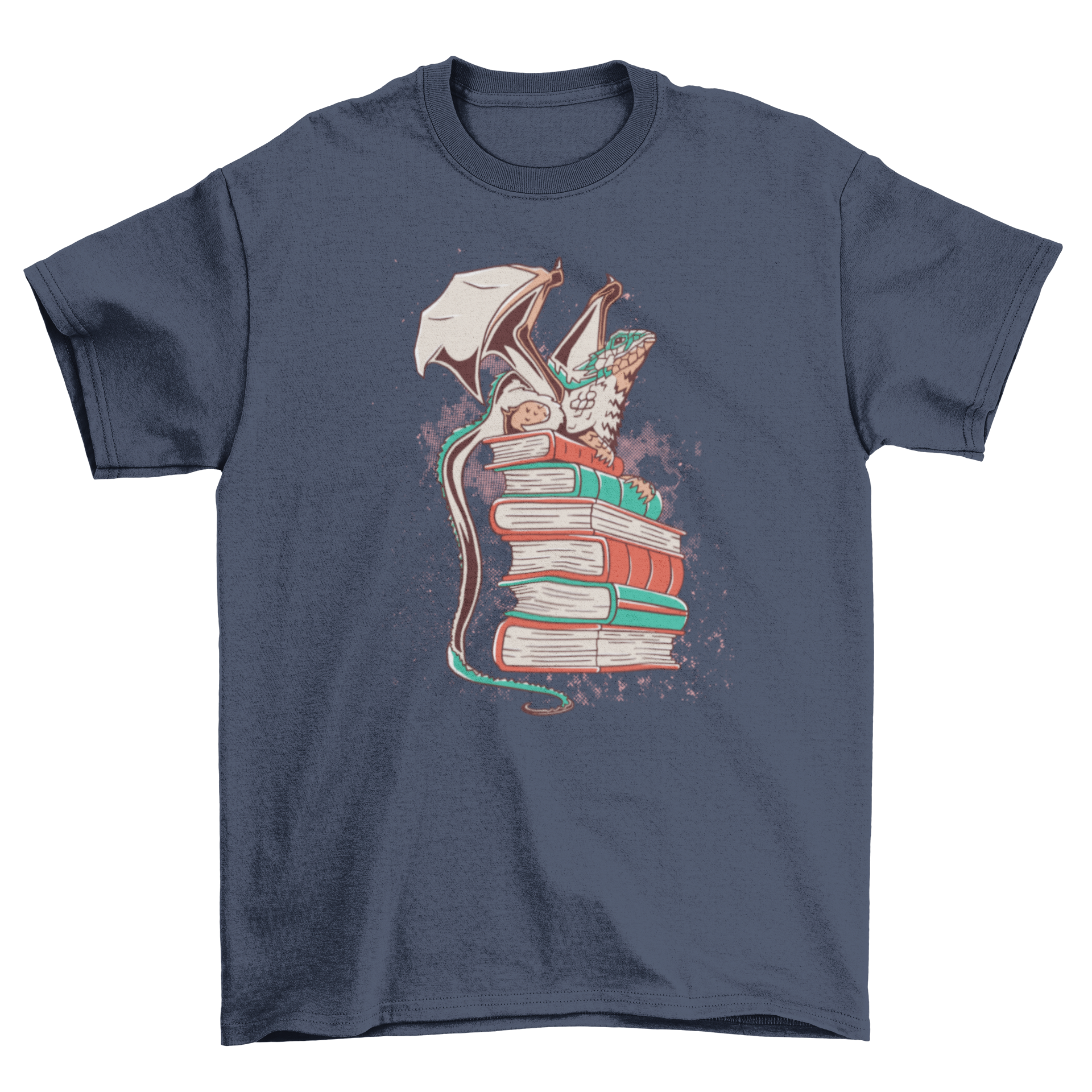 A stylish t-shirt featuring a colorful dragon sitting on a stack of books, perfect for book lovers.