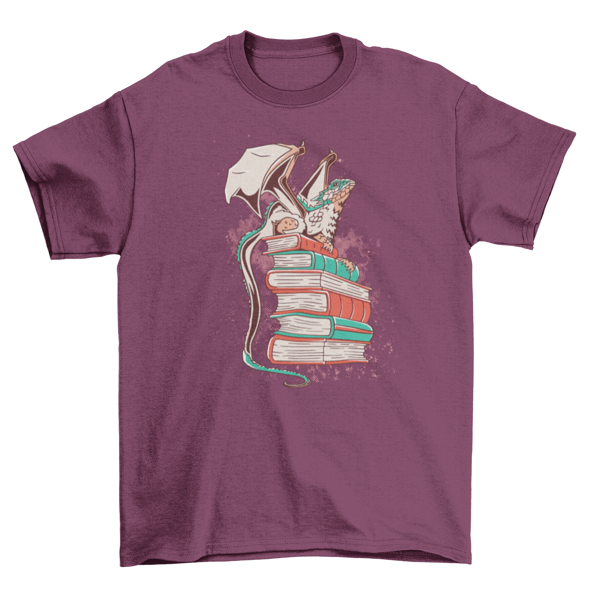 A stylish t-shirt featuring a colorful dragon sitting on a stack of books, perfect for book lovers.