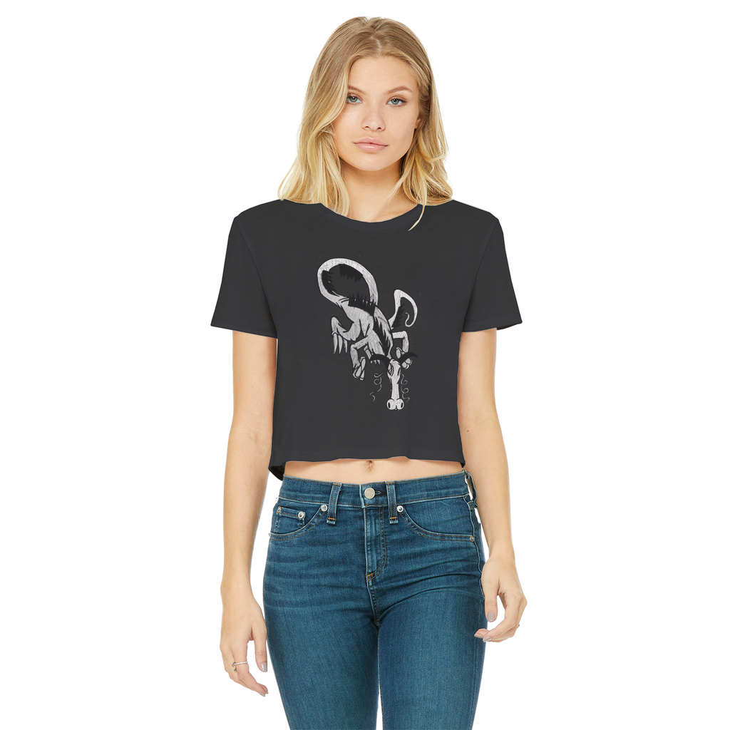 Dragon Classic Women's Cropped Raw Edge T-Shirt featuring a round neck, short sleeves, and a stylish raw edge cut hem in various colors.