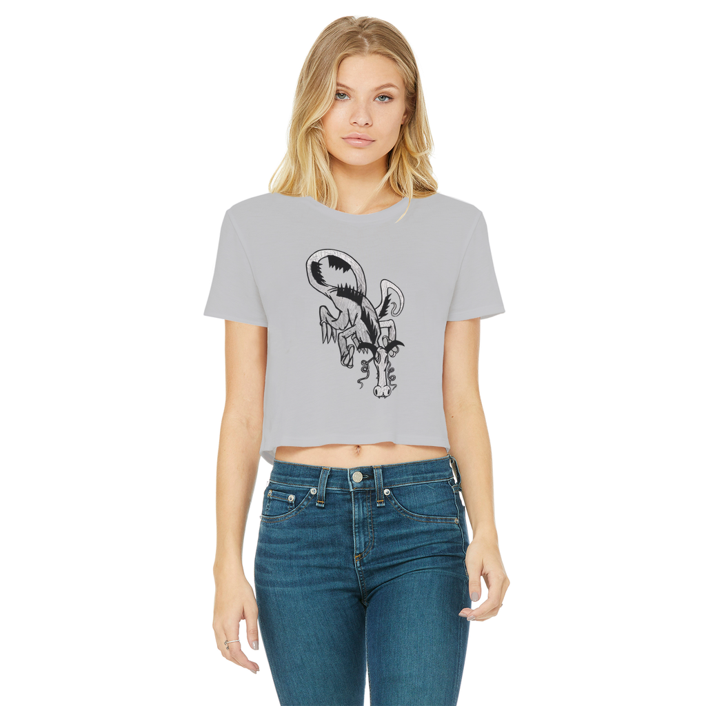 Dragon Classic Women's Cropped Raw Edge T-Shirt featuring a round neck, short sleeves, and a stylish raw edge cut hem in various colors.