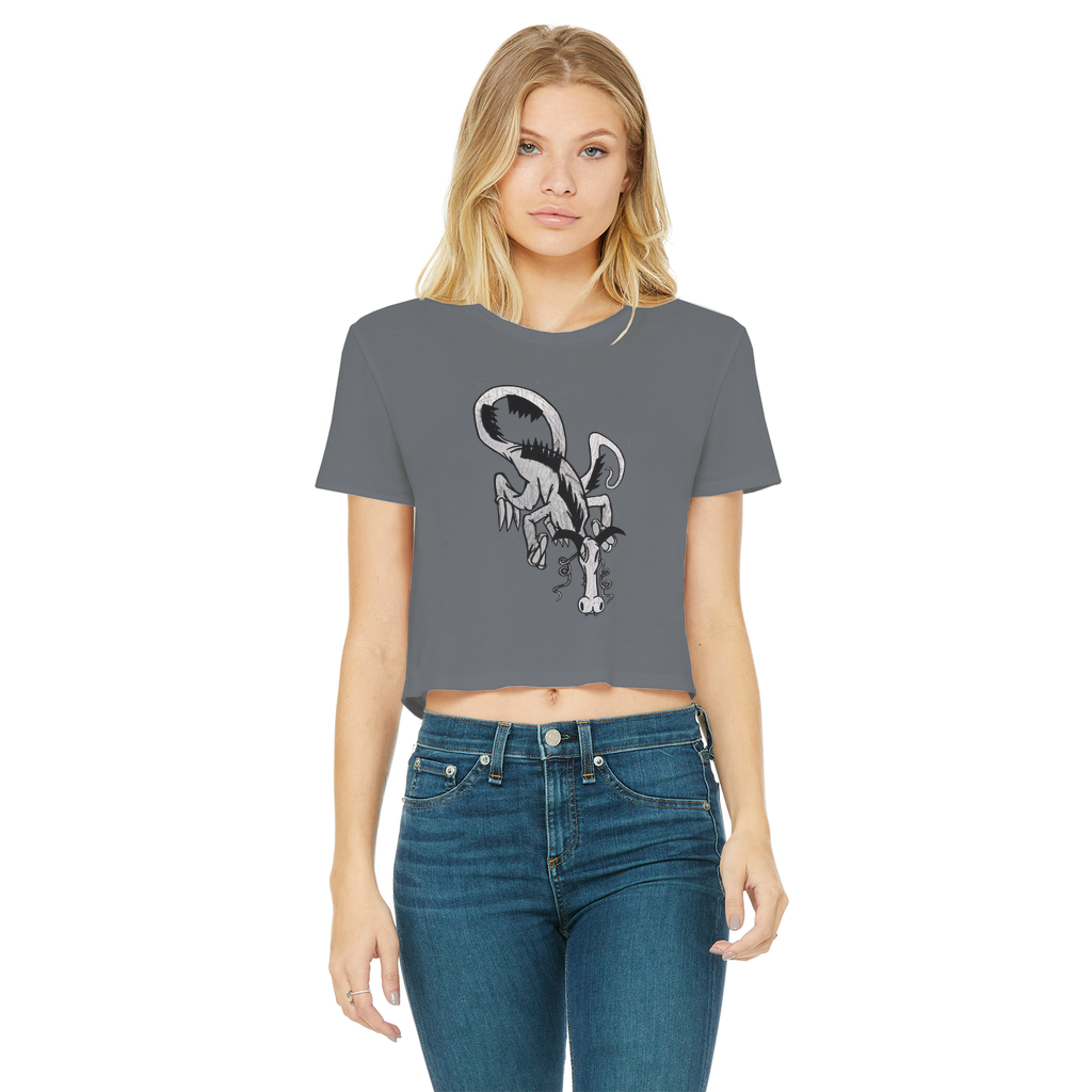 Dragon Classic Women's Cropped Raw Edge T-Shirt featuring a round neck, short sleeves, and a stylish raw edge cut hem in various colors.