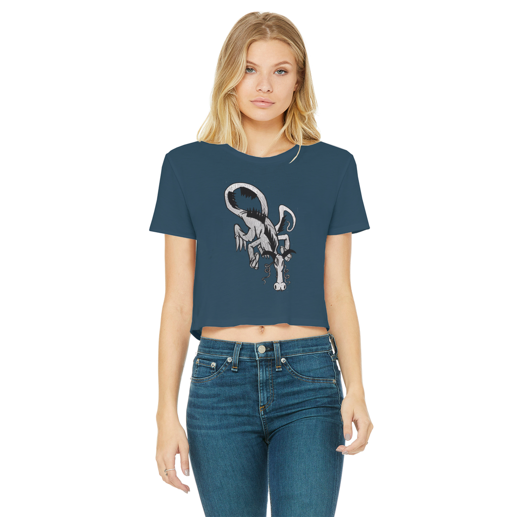 Dragon Classic Women's Cropped Raw Edge T-Shirt featuring a round neck, short sleeves, and a stylish raw edge cut hem in various colors.