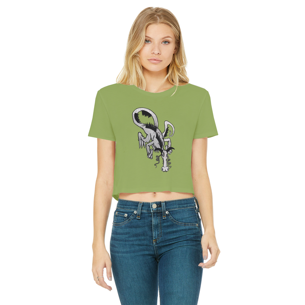 Dragon Classic Women's Cropped Raw Edge T-Shirt featuring a round neck, short sleeves, and a stylish raw edge cut hem in various colors.