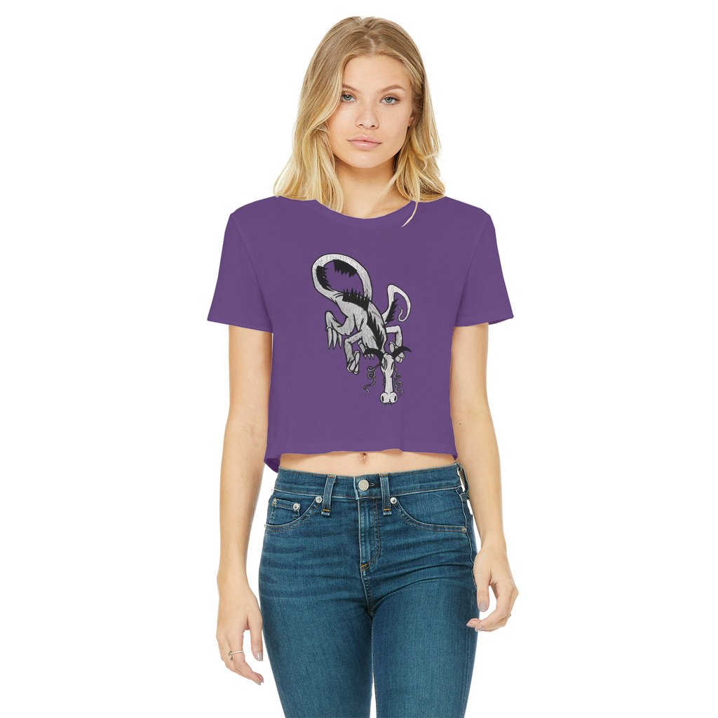 Dragon Classic Women's Cropped Raw Edge T-Shirt featuring a round neck, short sleeves, and a stylish raw edge cut hem in various colors.