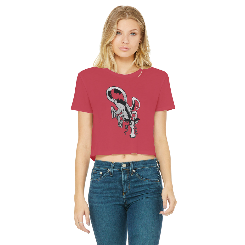 Dragon Classic Women's Cropped Raw Edge T-Shirt featuring a round neck, short sleeves, and a stylish raw edge cut hem in various colors.