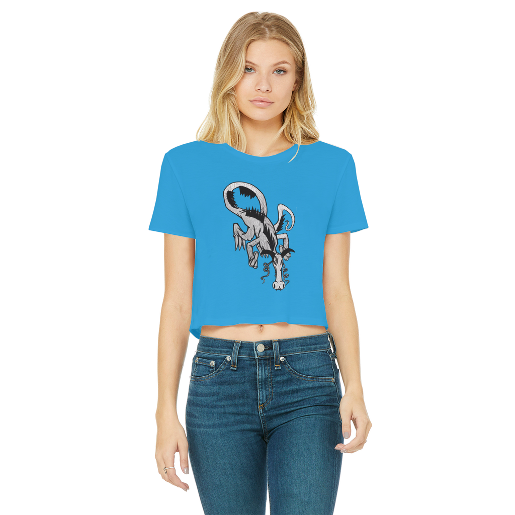 Dragon Classic Women's Cropped Raw Edge T-Shirt featuring a round neck, short sleeves, and a stylish raw edge cut hem in various colors.