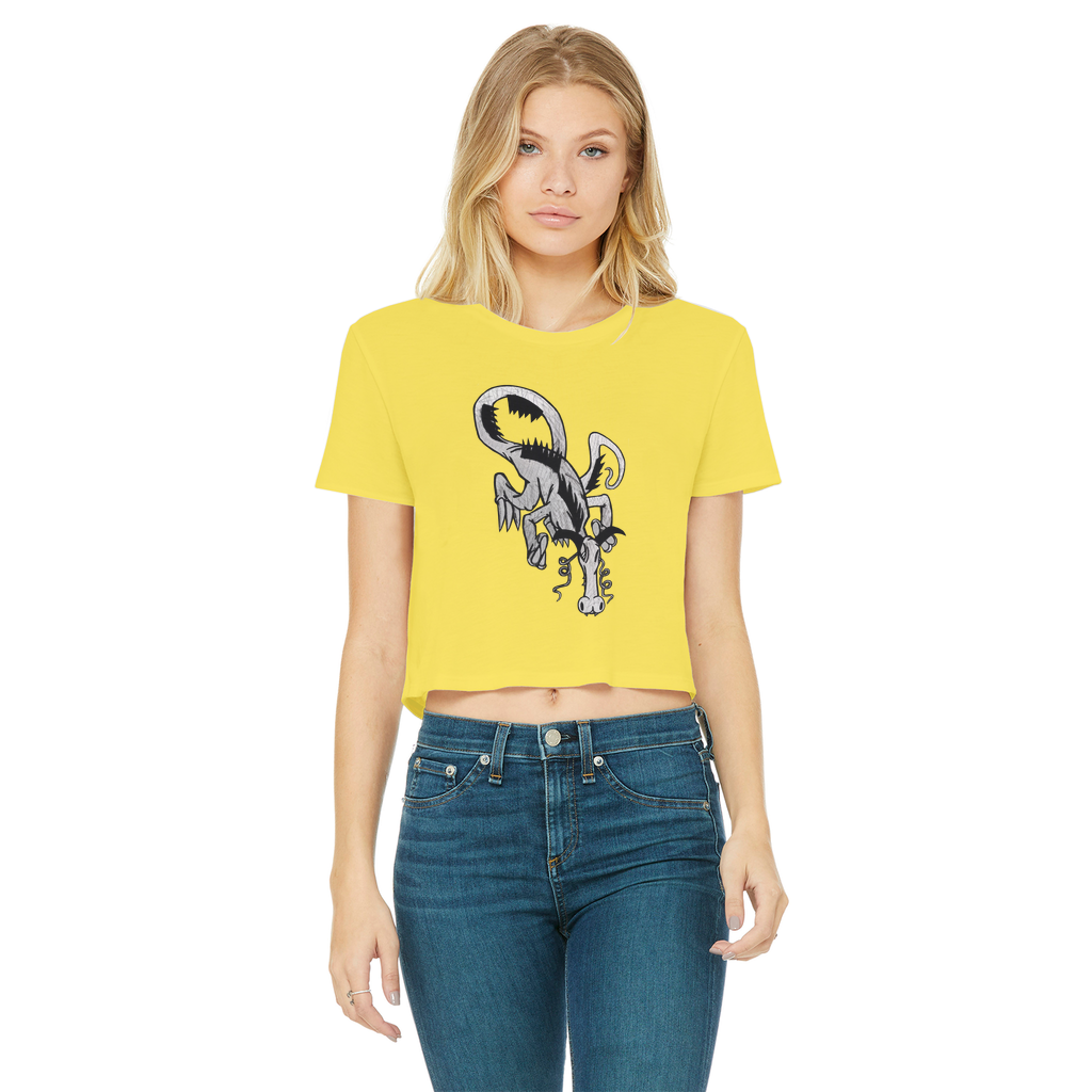 Dragon Classic Women's Cropped Raw Edge T-Shirt featuring a round neck, short sleeves, and a stylish raw edge cut hem in various colors.