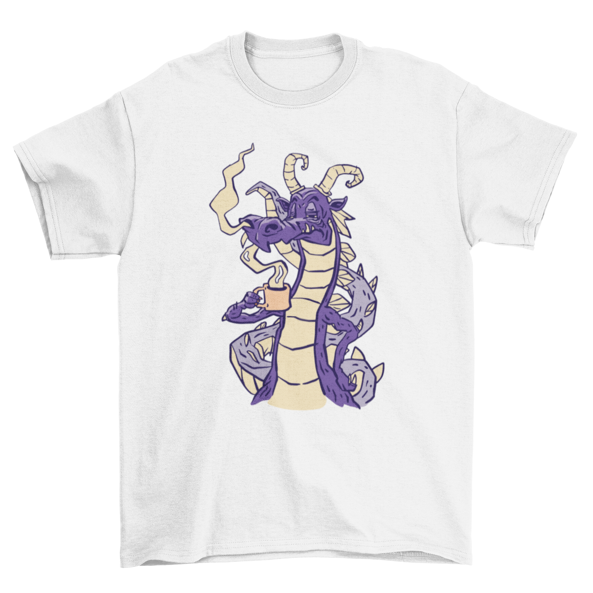 A vibrant t-shirt featuring a whimsical dragon sipping coffee, perfect for fantasy and coffee lovers.