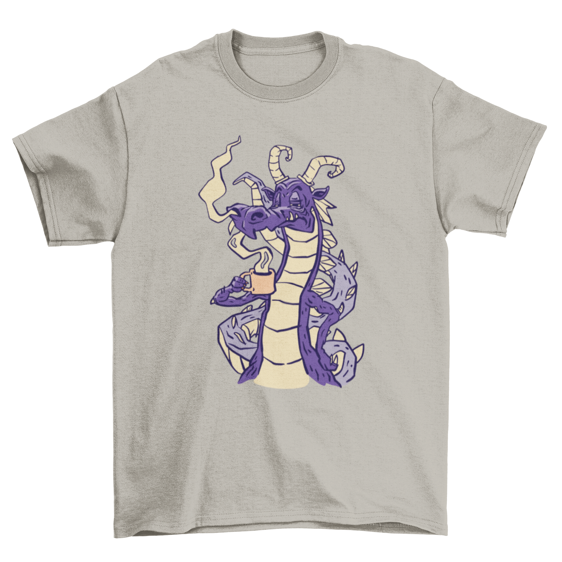 A vibrant t-shirt featuring a whimsical dragon sipping coffee, perfect for fantasy and coffee lovers.