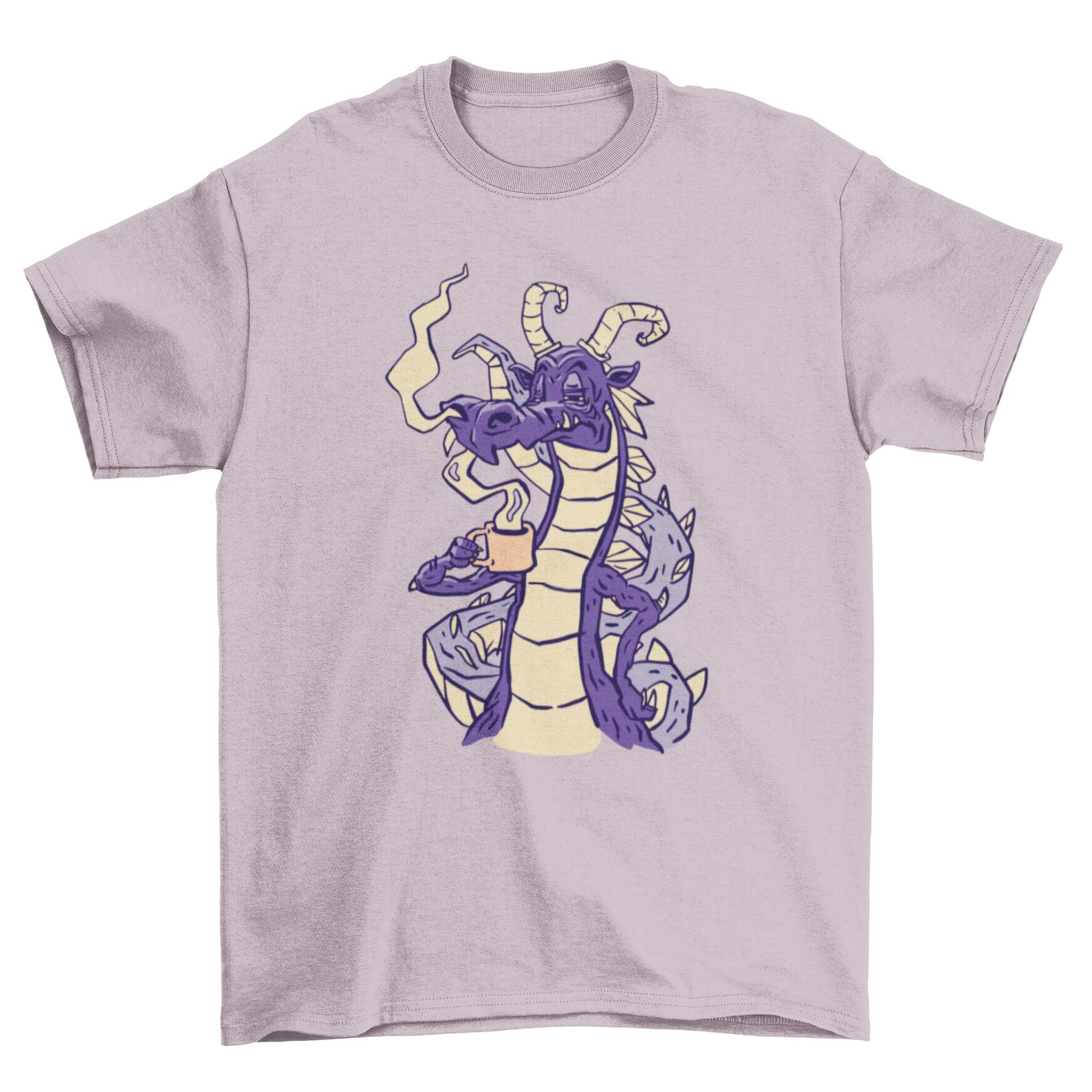 A vibrant t-shirt featuring a whimsical dragon sipping coffee, perfect for fantasy and coffee lovers.