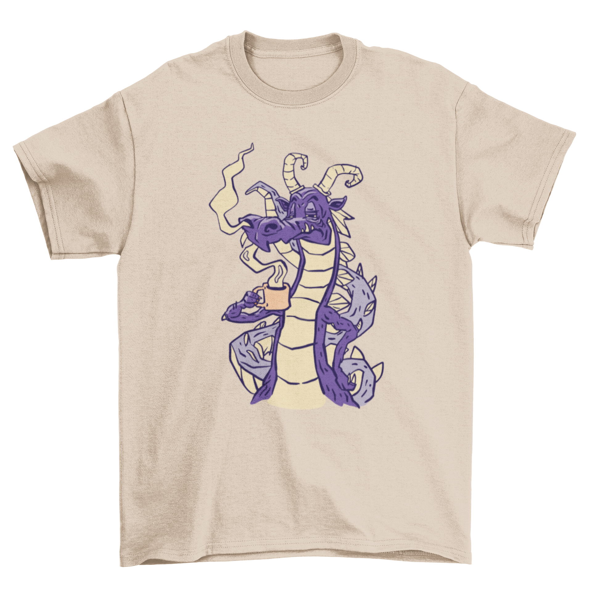 A vibrant t-shirt featuring a whimsical dragon sipping coffee, perfect for fantasy and coffee lovers.