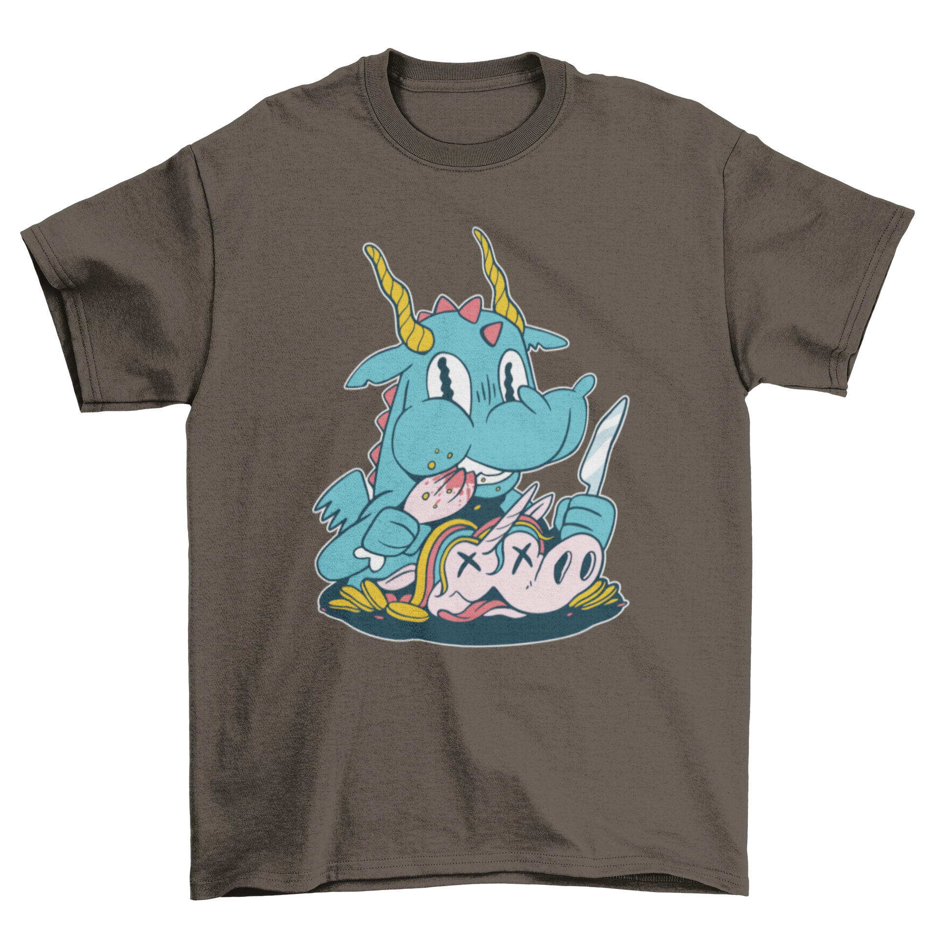 A unique t-shirt featuring a detailed illustration of a dragon eating a unicorn, showcasing vibrant colors and intricate designs.