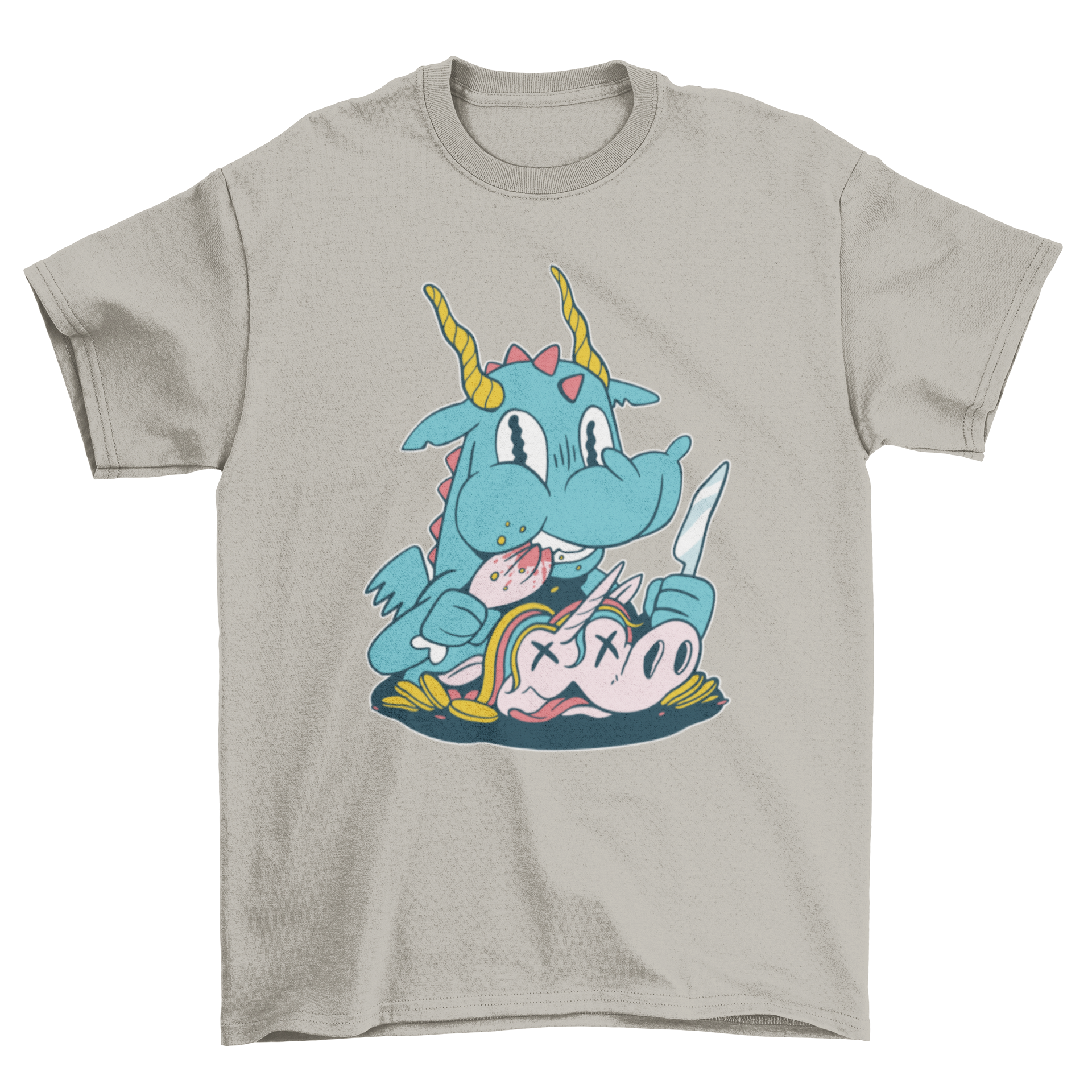 A unique t-shirt featuring a detailed illustration of a dragon eating a unicorn, showcasing vibrant colors and intricate designs.