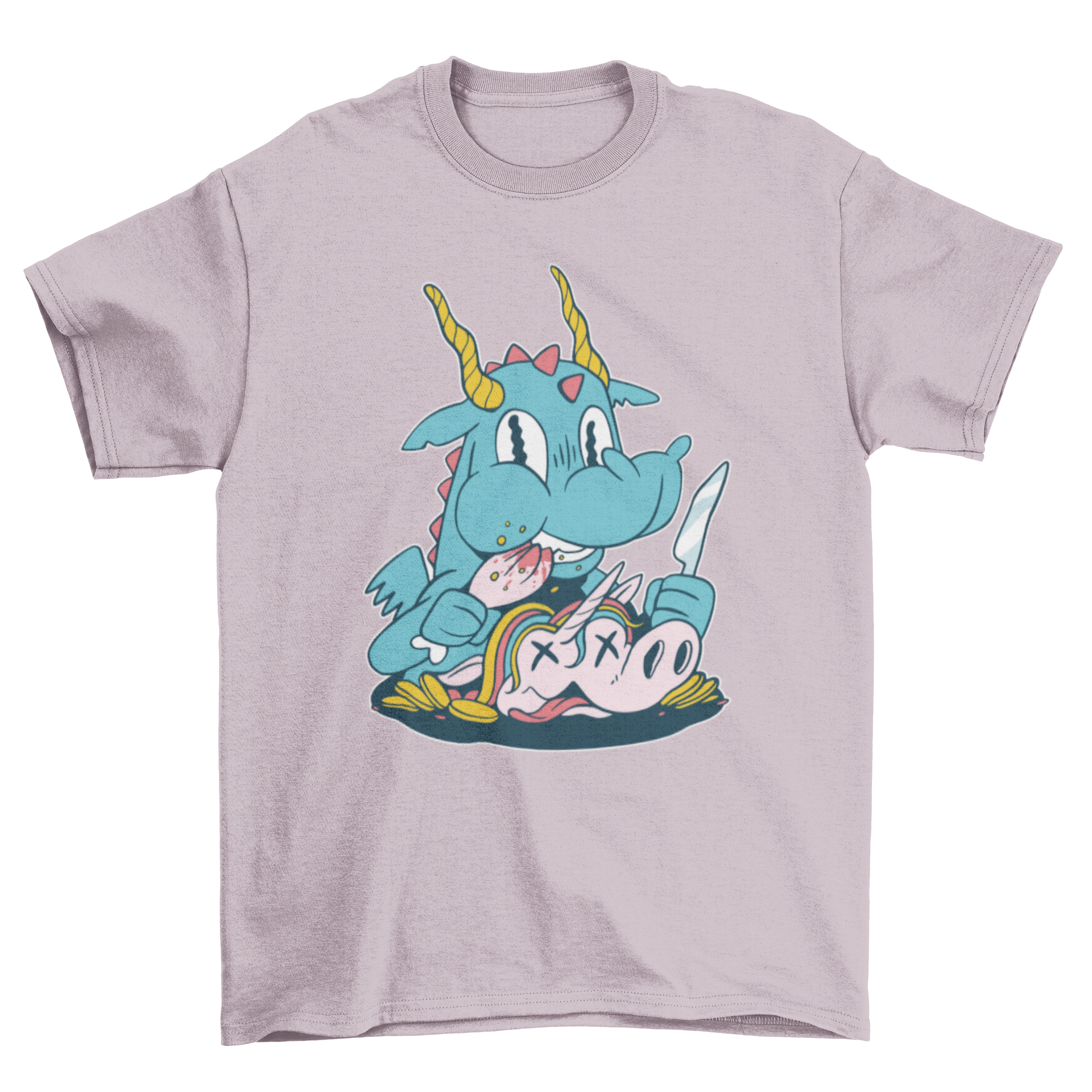 A unique t-shirt featuring a detailed illustration of a dragon eating a unicorn, showcasing vibrant colors and intricate designs.