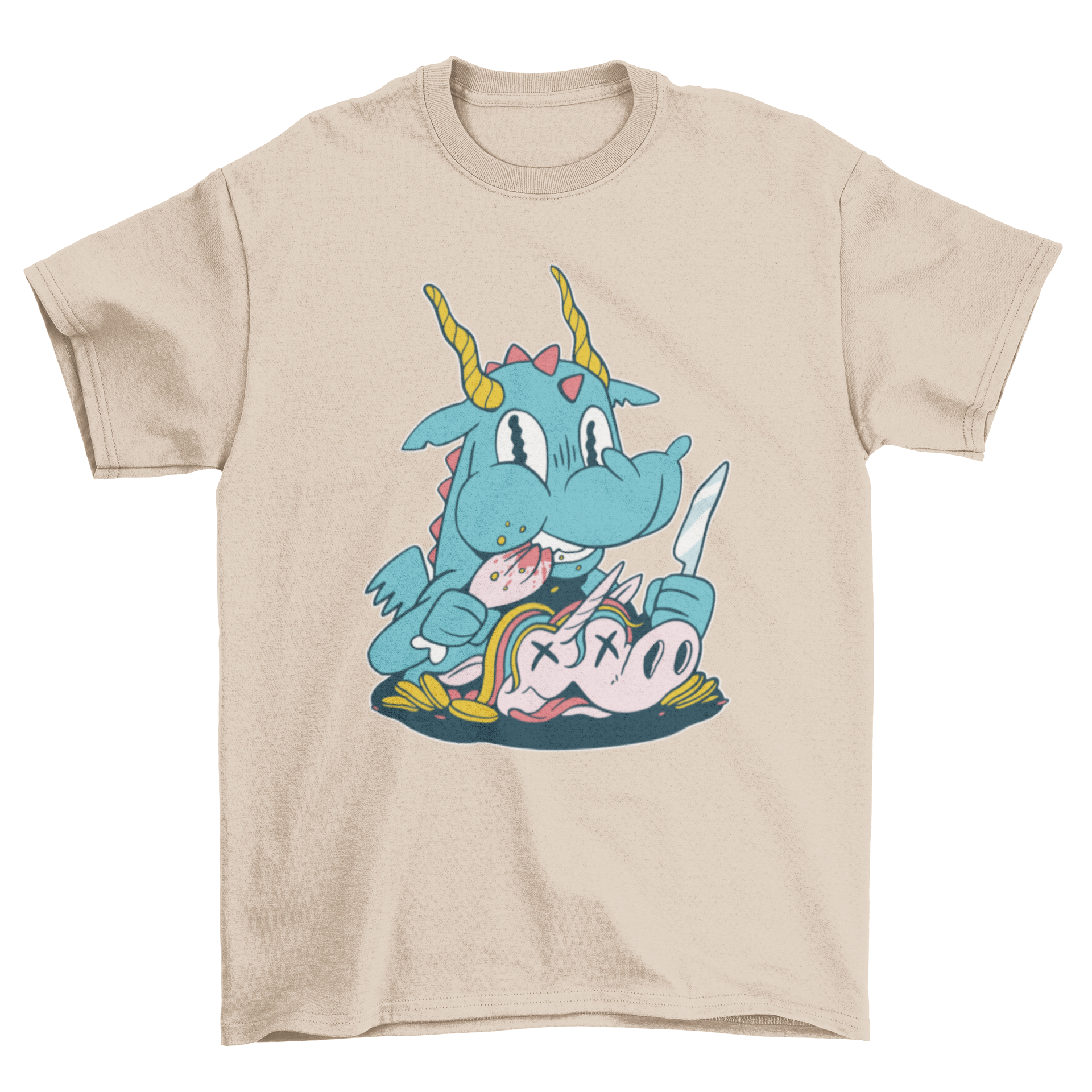 A unique t-shirt featuring a detailed illustration of a dragon eating a unicorn, showcasing vibrant colors and intricate designs.